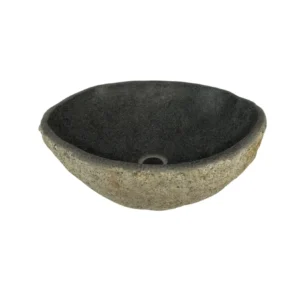 Handcrafted river stone sink with polished interior and natural exterior finish, unique organic stone wash basin.