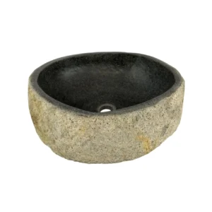 Handcrafted river stone sink with polished interior and natural exterior finish, unique organic stone wash basin.