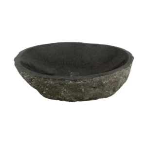 Handcrafted river stone sink with polished interior and natural exterior finish, unique organic stone wash basin.