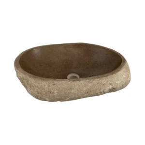Handcrafted river stone sink with polished interior and natural exterior finish, unique organic stone wash basin.