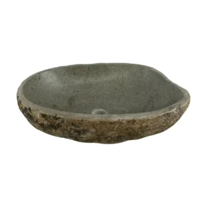 Handcrafted river stone sink with polished interior and natural exterior finish, unique organic stone wash basin.