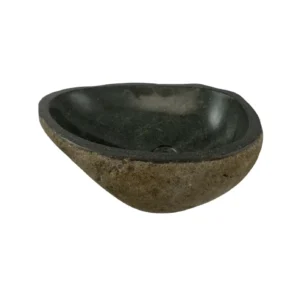 Handcrafted river stone sink with polished interior and natural exterior finish, unique organic stone wash basin.