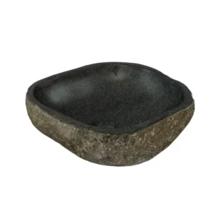 Handcrafted river stone sink with polished interior and natural exterior finish, unique organic stone wash basin.