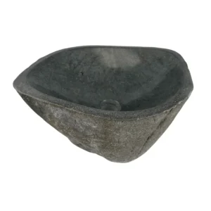 Handcrafted river stone sink with polished interior and natural exterior finish, unique organic stone wash basin.